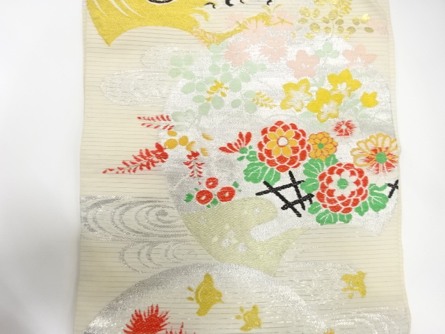  アンティーク　絽　流水に千鳥・秋草模様織り出し名古屋帯（着用可）